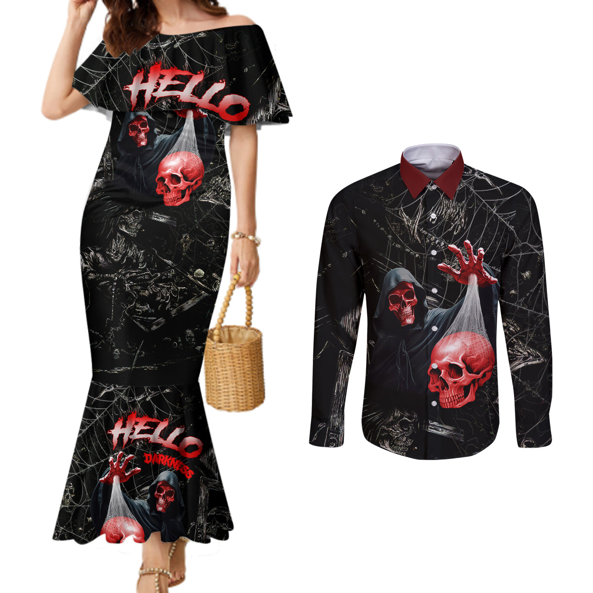 hello-darkness-my-old-friend-skull-couples-matching-mermaid-dress-and-long-sleeve-button-shirts