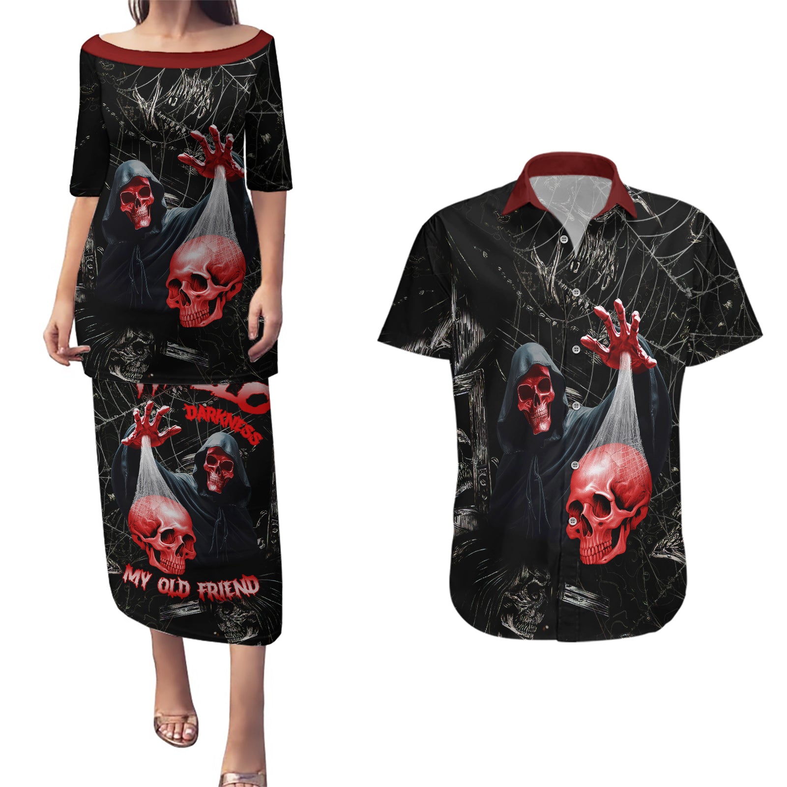 hello-darkness-my-old-friend-skull-couples-matching-puletasi-dress-and-hawaiian-shirt