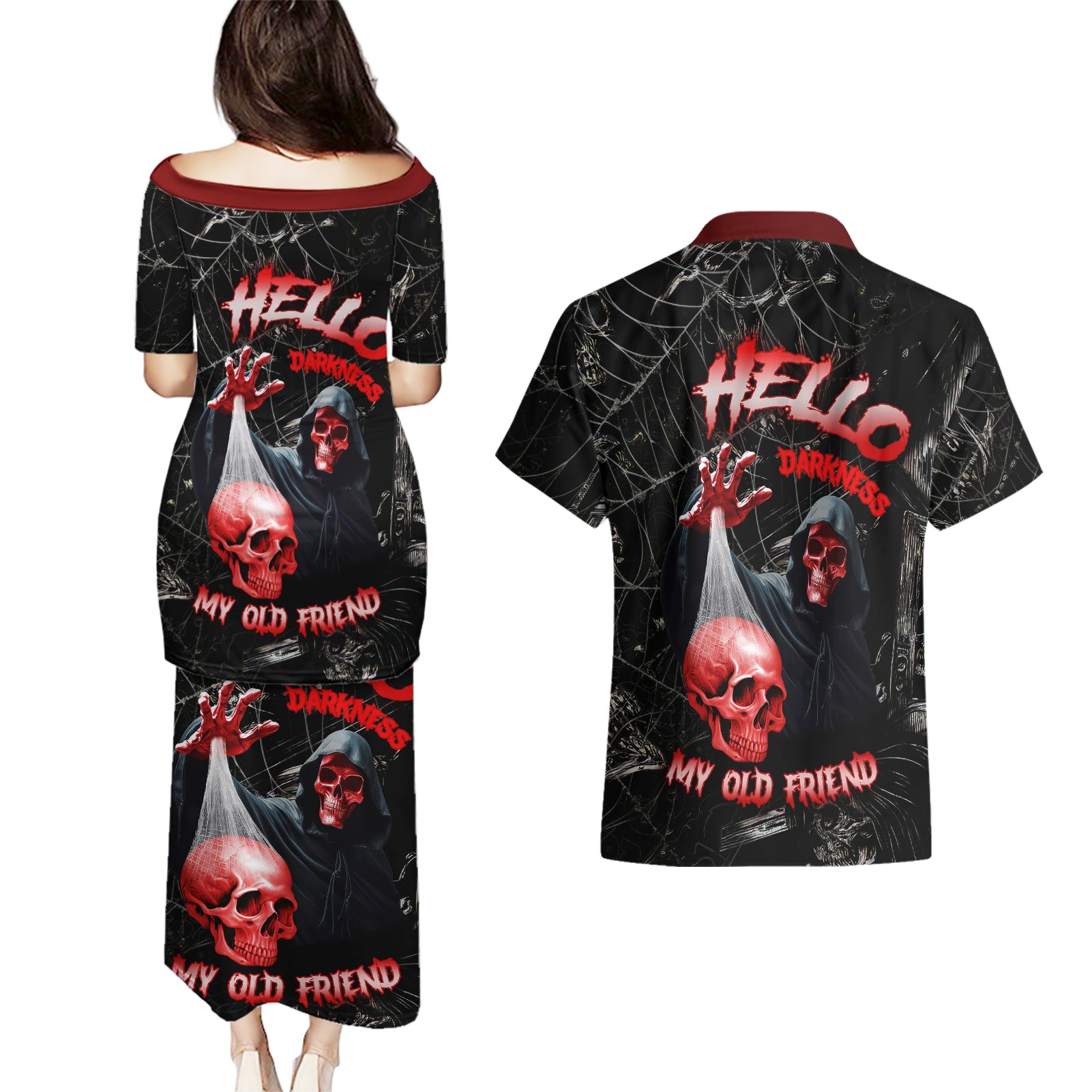 hello-darkness-my-old-friend-skull-couples-matching-puletasi-dress-and-hawaiian-shirt