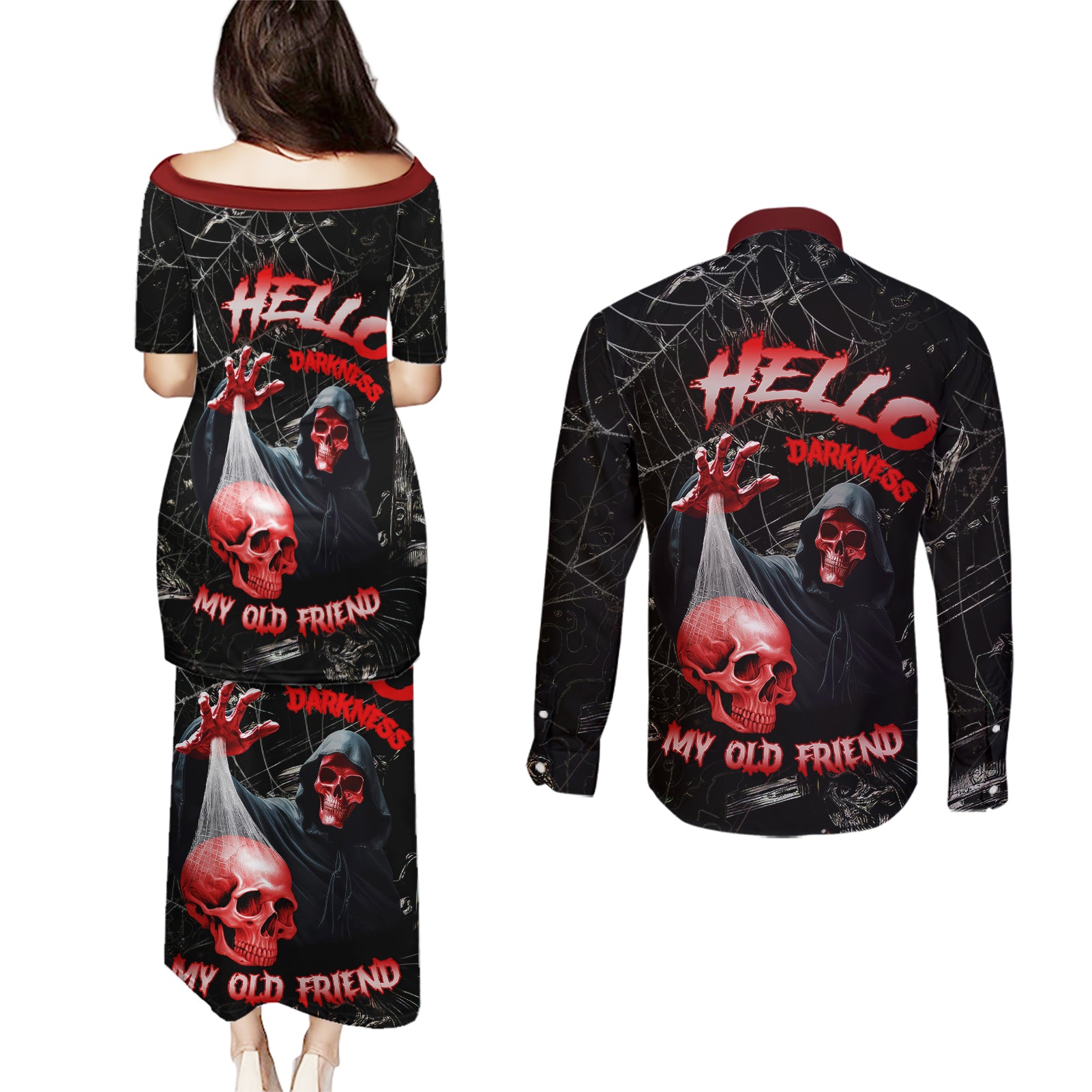 hello-darkness-my-old-friend-skull-couples-matching-puletasi-dress-and-long-sleeve-button-shirts