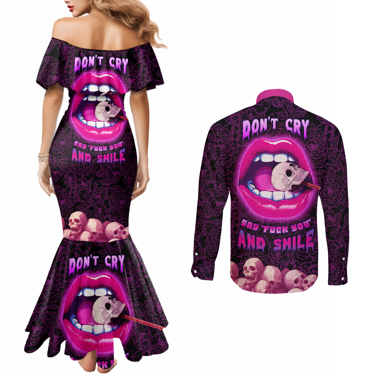 skull-couples-matching-mermaid-dress-and-long-sleeve-button-shirts-dont-cry-say-fuck-you-and-smile