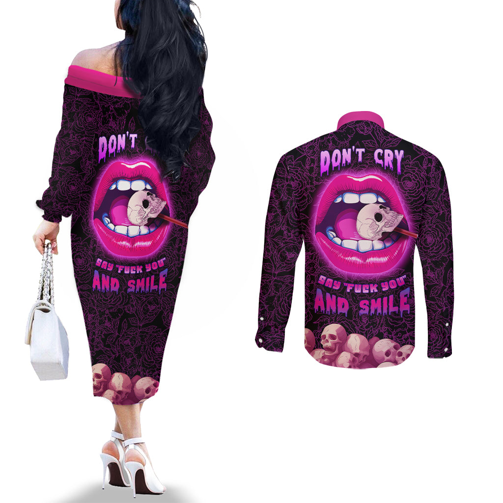 skull-couples-matching-off-the-shoulder-long-sleeve-dress-and-long-sleeve-button-shirts-dont-cry-say-fuck-you-and-smile