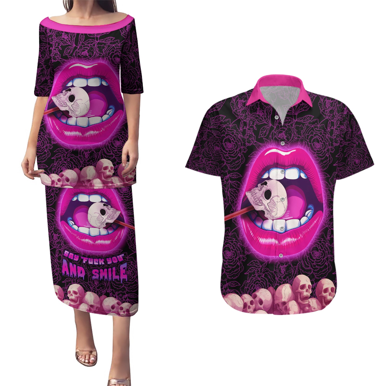 skull-couples-matching-puletasi-dress-and-hawaiian-shirt-dont-cry-say-fuck-you-and-smile