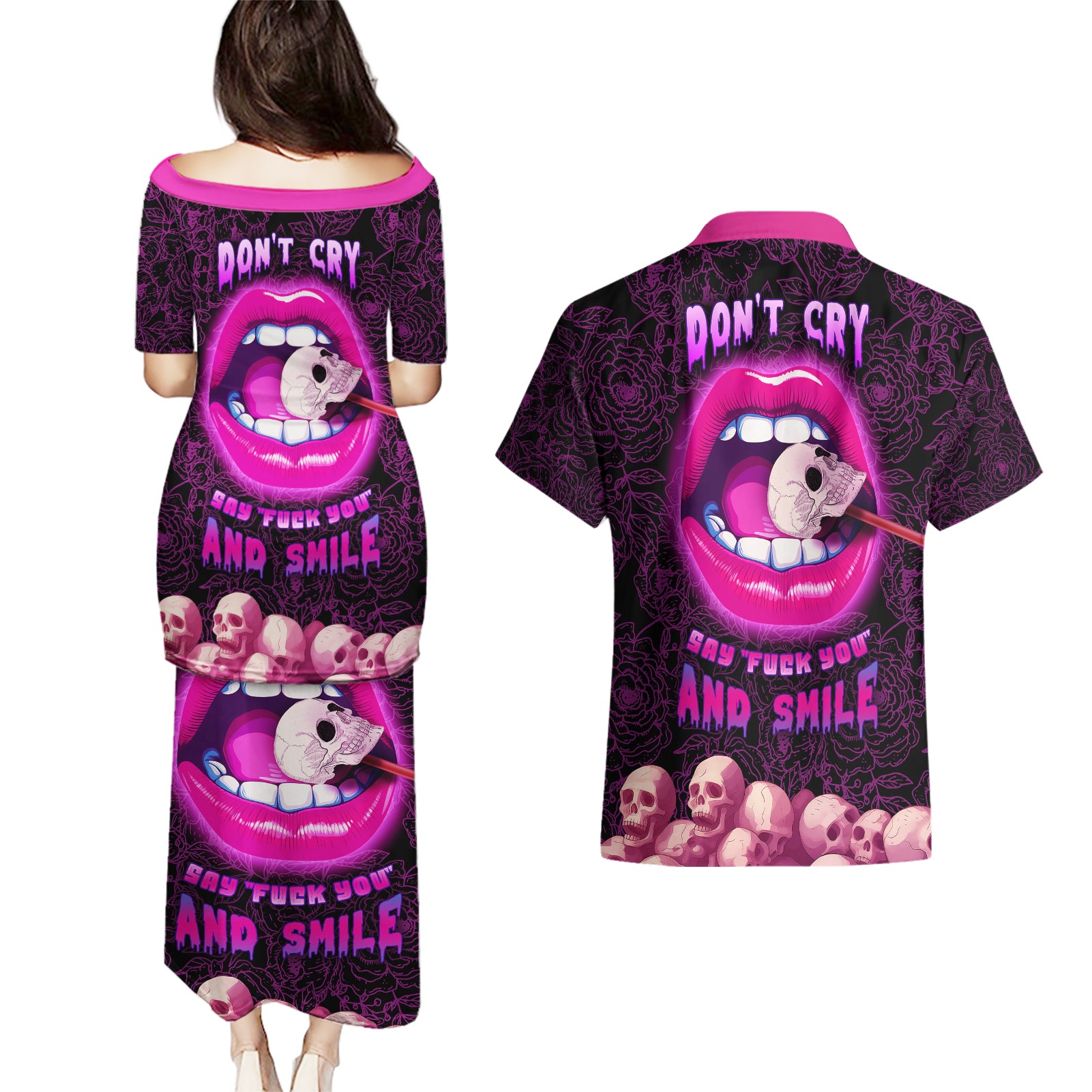 skull-couples-matching-puletasi-dress-and-hawaiian-shirt-dont-cry-say-fuck-you-and-smile