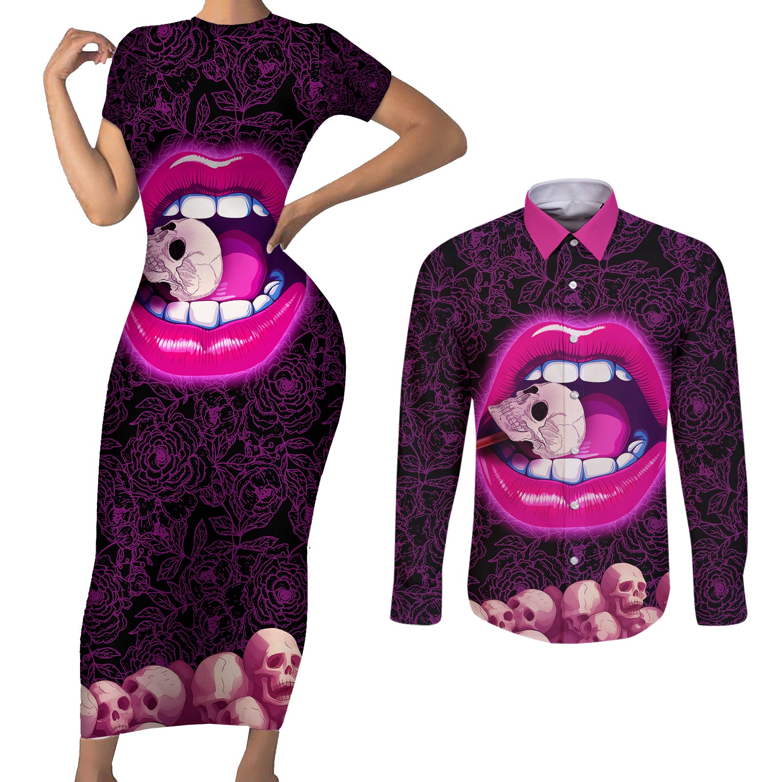 skull-couples-matching-short-sleeve-bodycon-dress-and-long-sleeve-button-shirts-dont-cry-say-fuck-you-and-smile