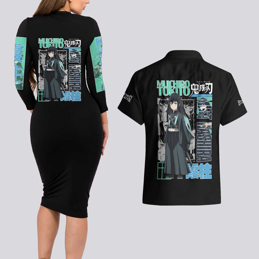 Muichiro Tokito - Kimesu No Yaiba Couples Matching Long Sleeve Bodycon Dress and Hawaiian Shirt Anime Japan Style