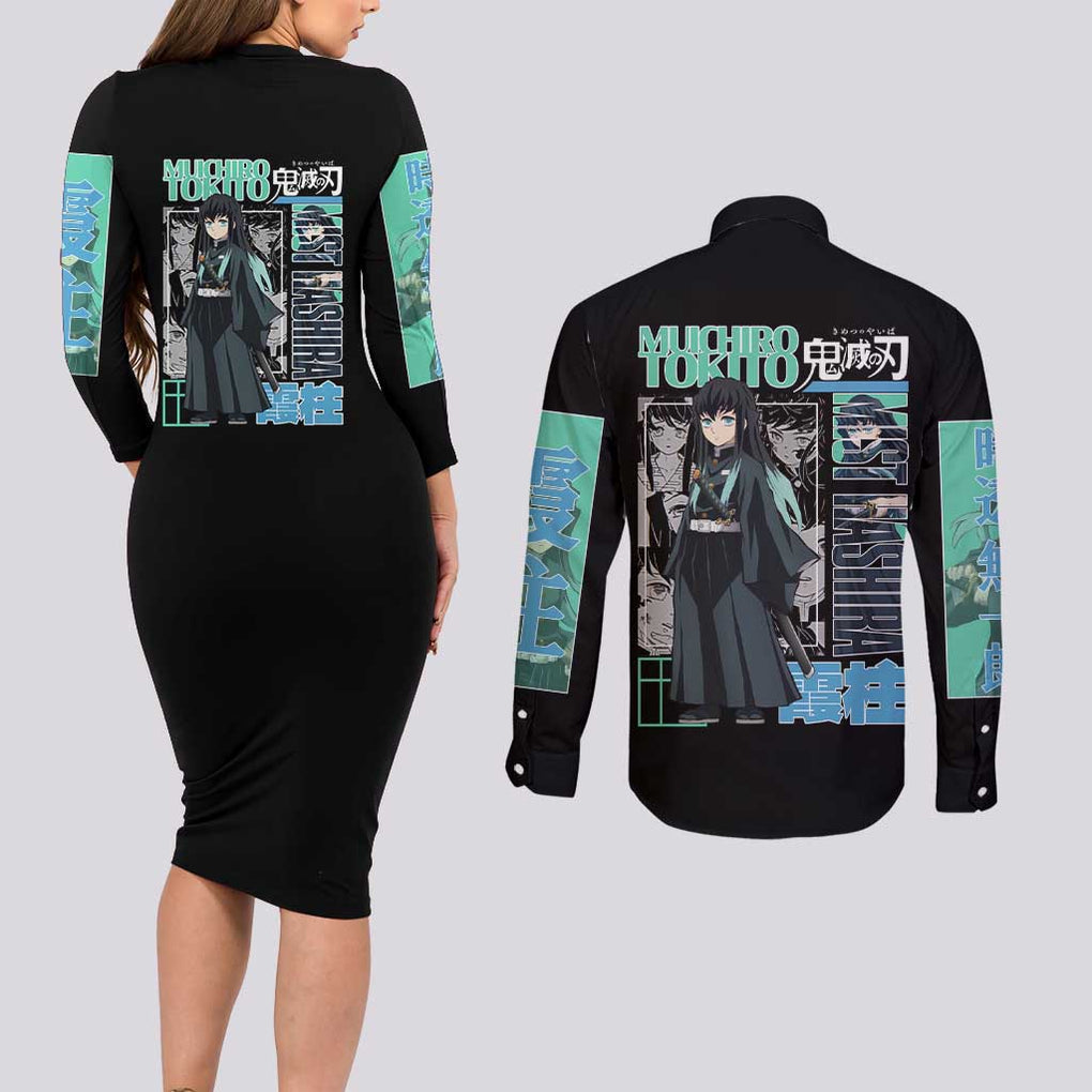 Muichiro Tokito - Kimesu No Yaiba Couples Matching Long Sleeve Bodycon Dress and Long Sleeve Button Shirt Anime Japan Style