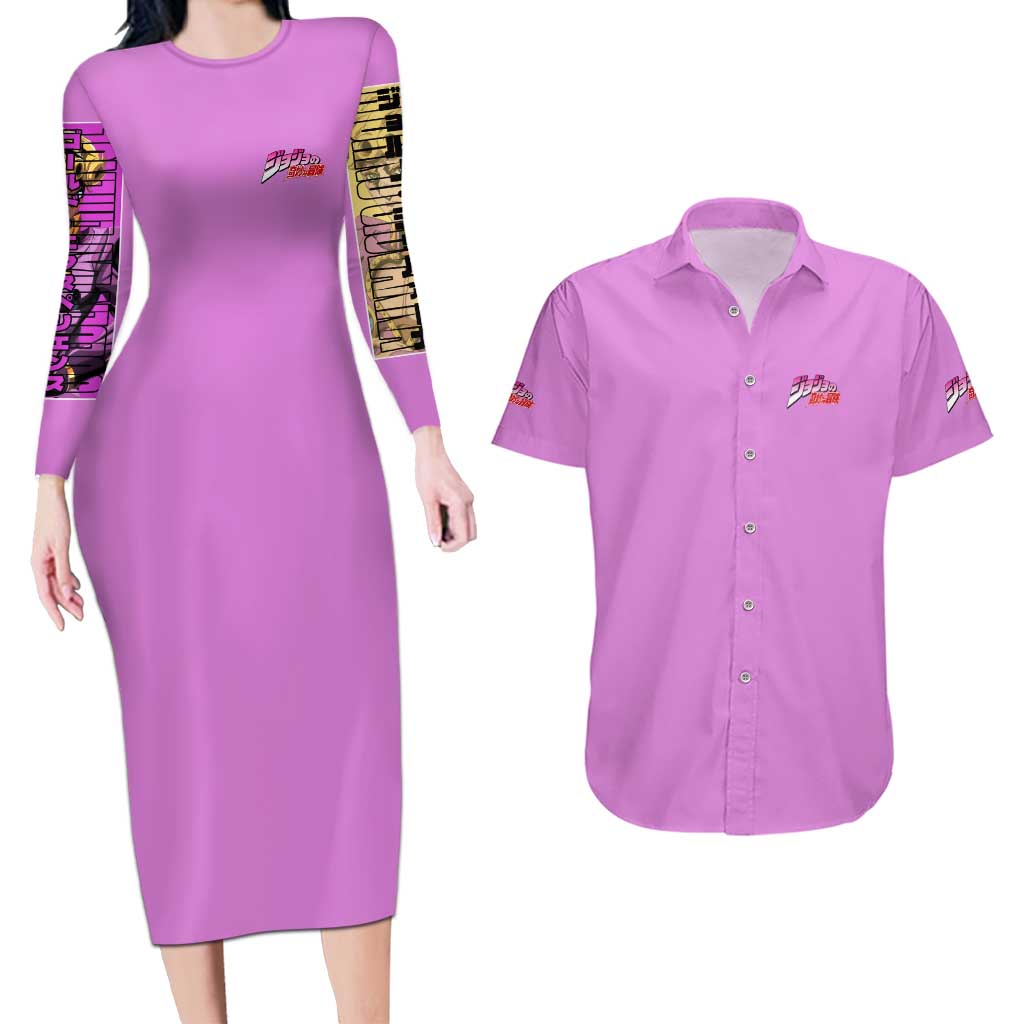 Giorno Giovanna Jojo’s Bizarre Adventure Couples Matching Long Sleeve Bodycon Dress and Hawaiian Shirt Anime Style