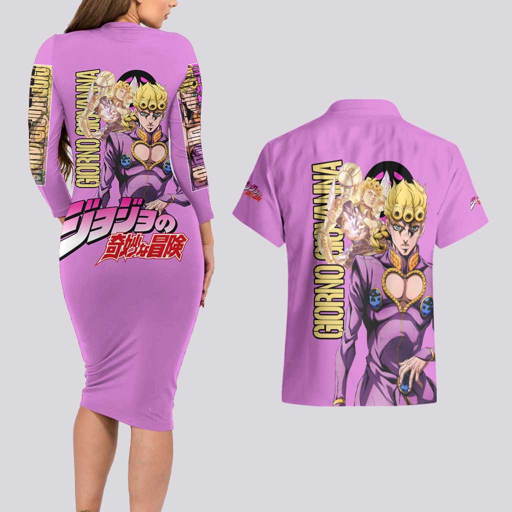 Giorno Giovanna Jojo’s Bizarre Adventure Couples Matching Long Sleeve Bodycon Dress and Hawaiian Shirt Anime Style