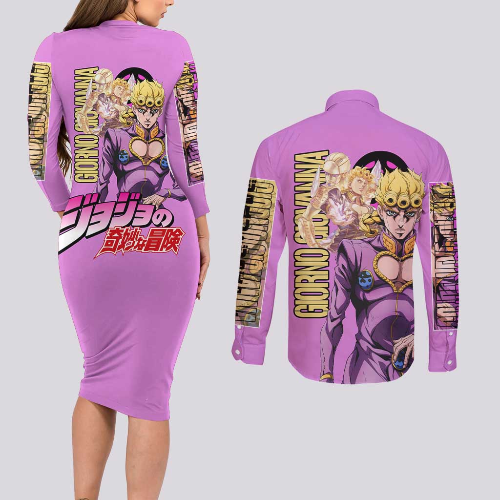 Giorno Giovanna Jojo’s Bizarre Adventure Couples Matching Long Sleeve Bodycon Dress and Long Sleeve Button Shirt Anime Style
