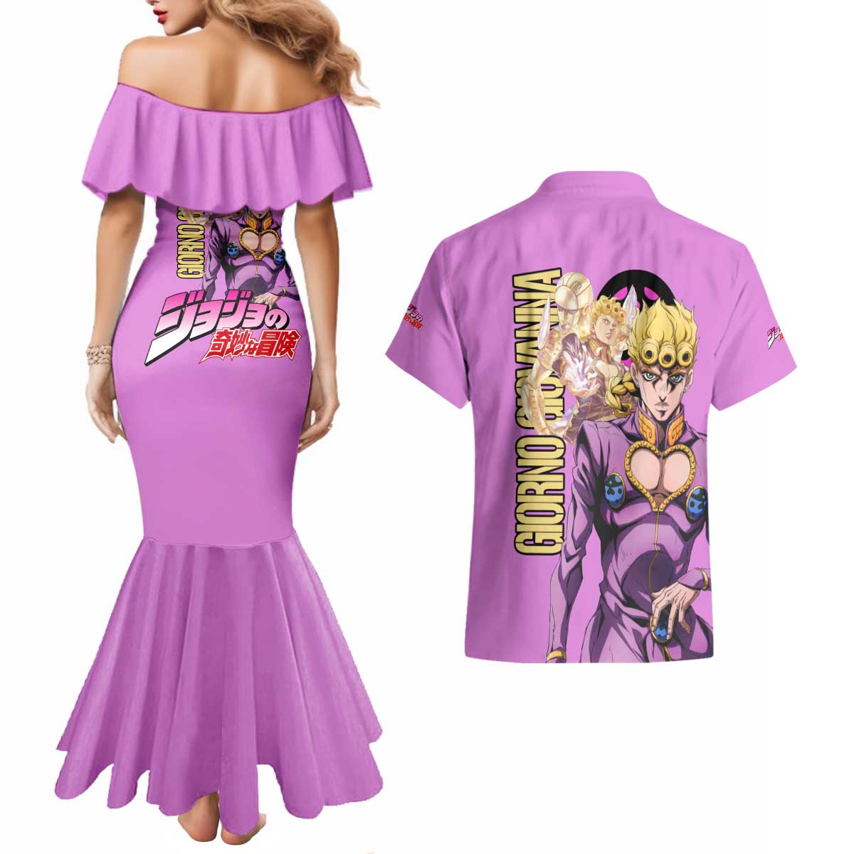 Giorno Giovanna Jojo’s Bizarre Adventure Couples Matching Mermaid Dress and Hawaiian Shirt Anime Style