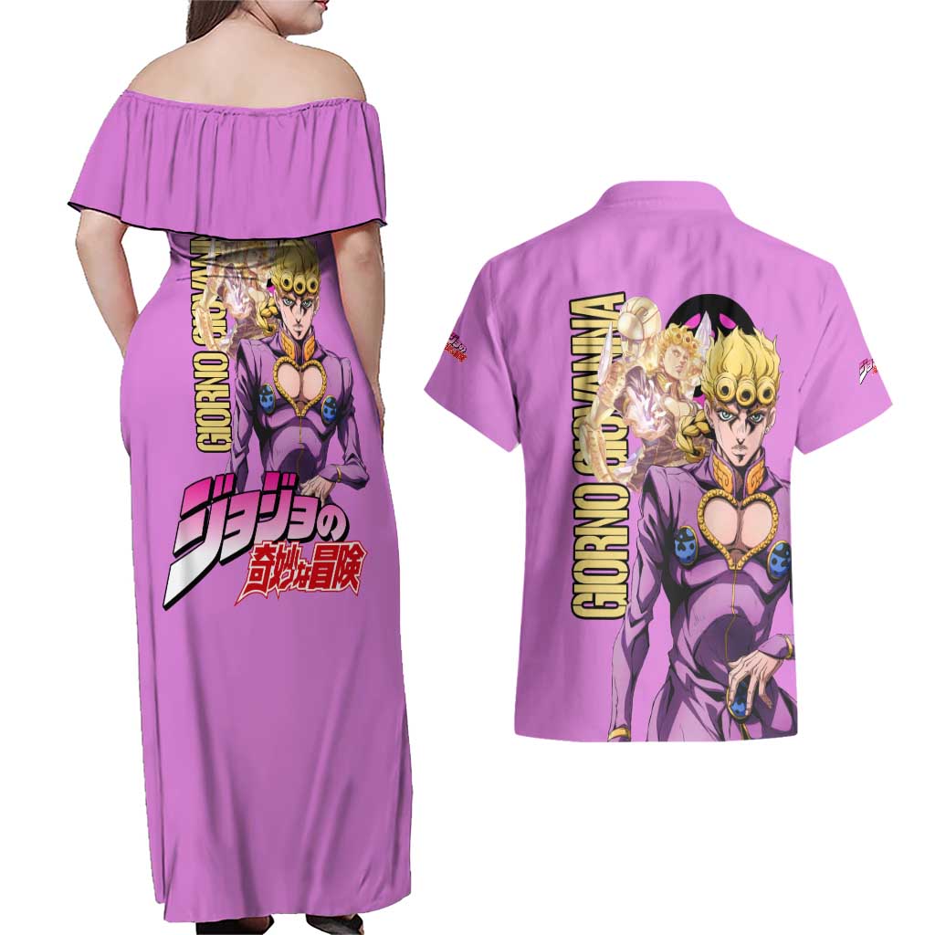 Giorno Giovanna Jojo’s Bizarre Adventure Couples Matching Off Shoulder Maxi Dress and Hawaiian Shirt Anime Style