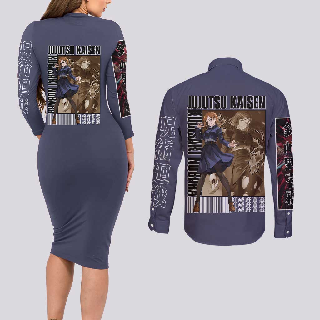 Kugisaki Nobara Jujutsu Kaisen Couples Matching Long Sleeve Bodycon Dress and Long Sleeve Button Shirt Anime Style