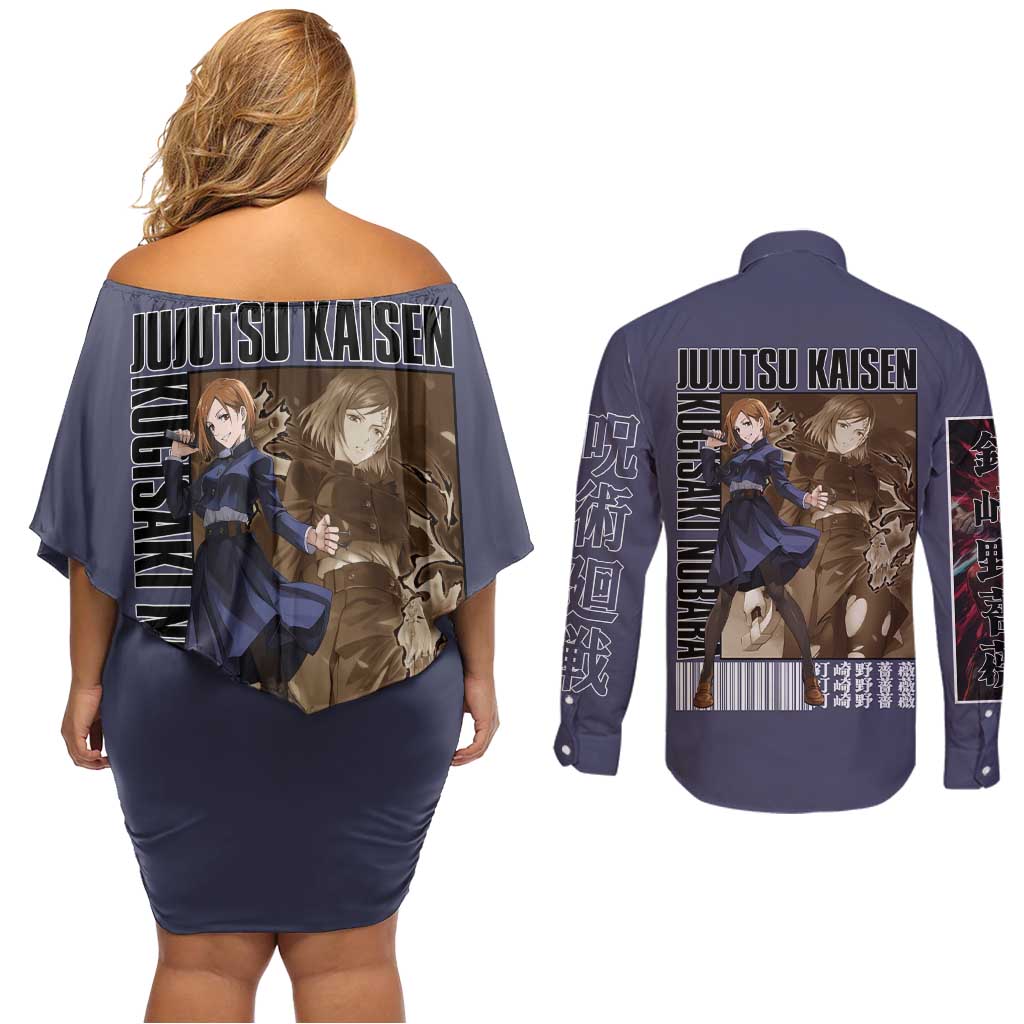 Kugisaki Nobara Jujutsu Kaisen Couples Matching Off Shoulder Short Dress and Long Sleeve Button Shirt Anime Style