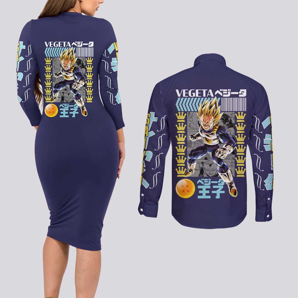 Vegeta V2 Dragon Ball Z Couples Matching Long Sleeve Bodycon Dress and Long Sleeve Button Shirt Anime Style