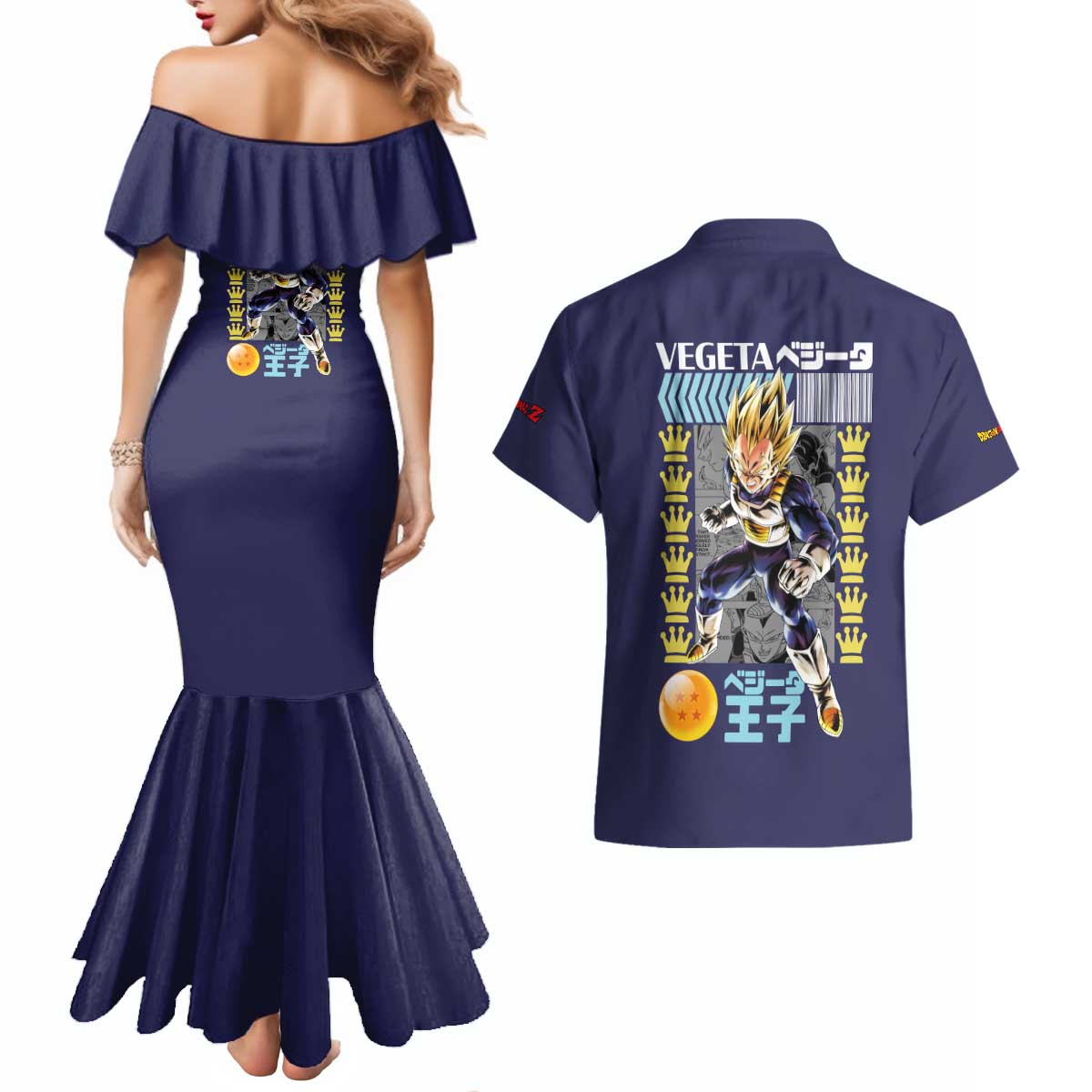 Vegeta V2 Dragon Ball Z Couples Matching Mermaid Dress and Hawaiian Shirt Anime Style