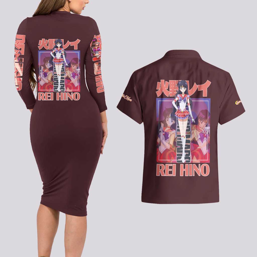 Sailor Mars Sailor Moon Couples Matching Long Sleeve Bodycon Dress and Hawaiian Shirt Anime Style