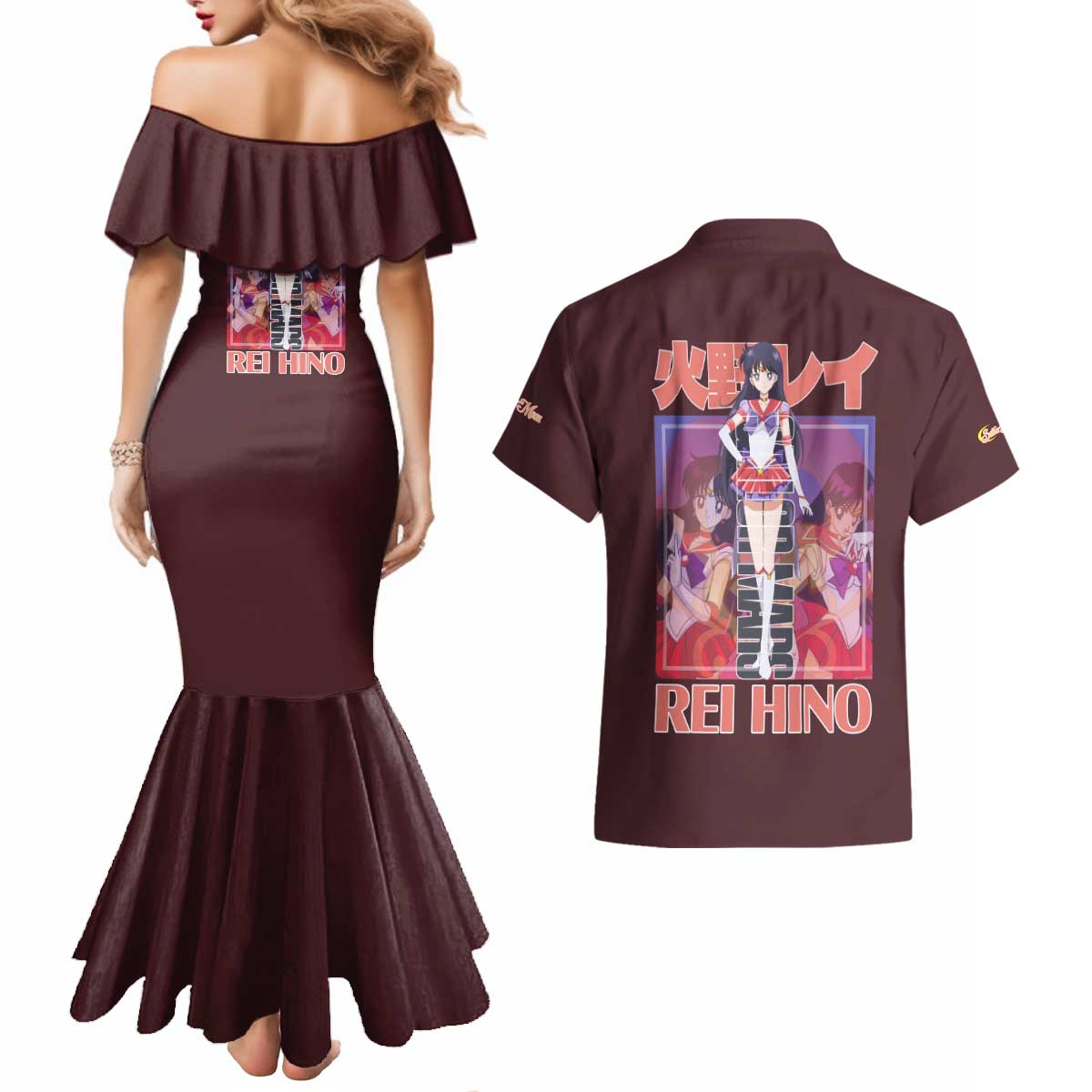 Sailor Mars Sailor Moon Couples Matching Mermaid Dress and Hawaiian Shirt Anime Style