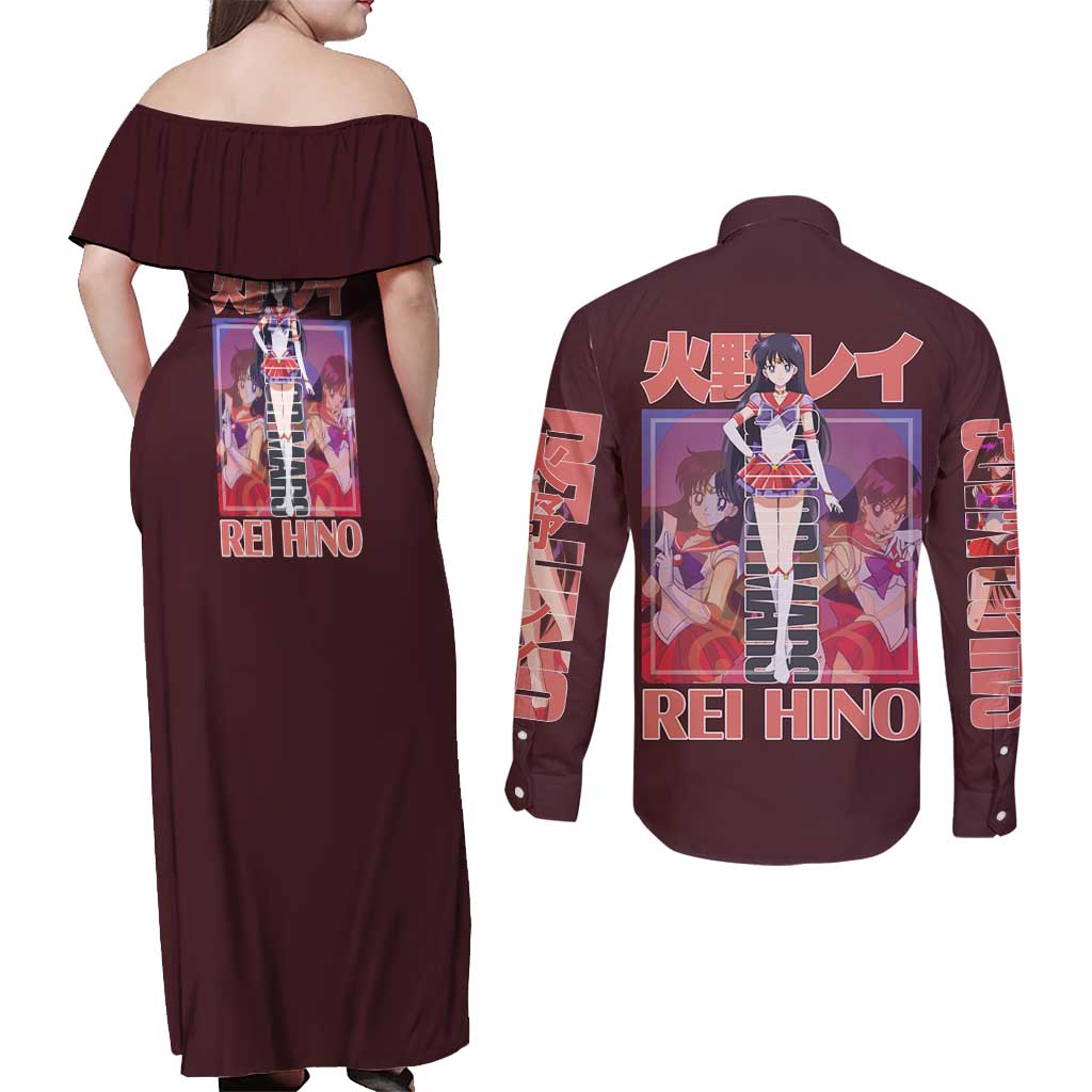 Sailor Mars Sailor Moon Couples Matching Off Shoulder Maxi Dress and Long Sleeve Button Shirt Anime Style