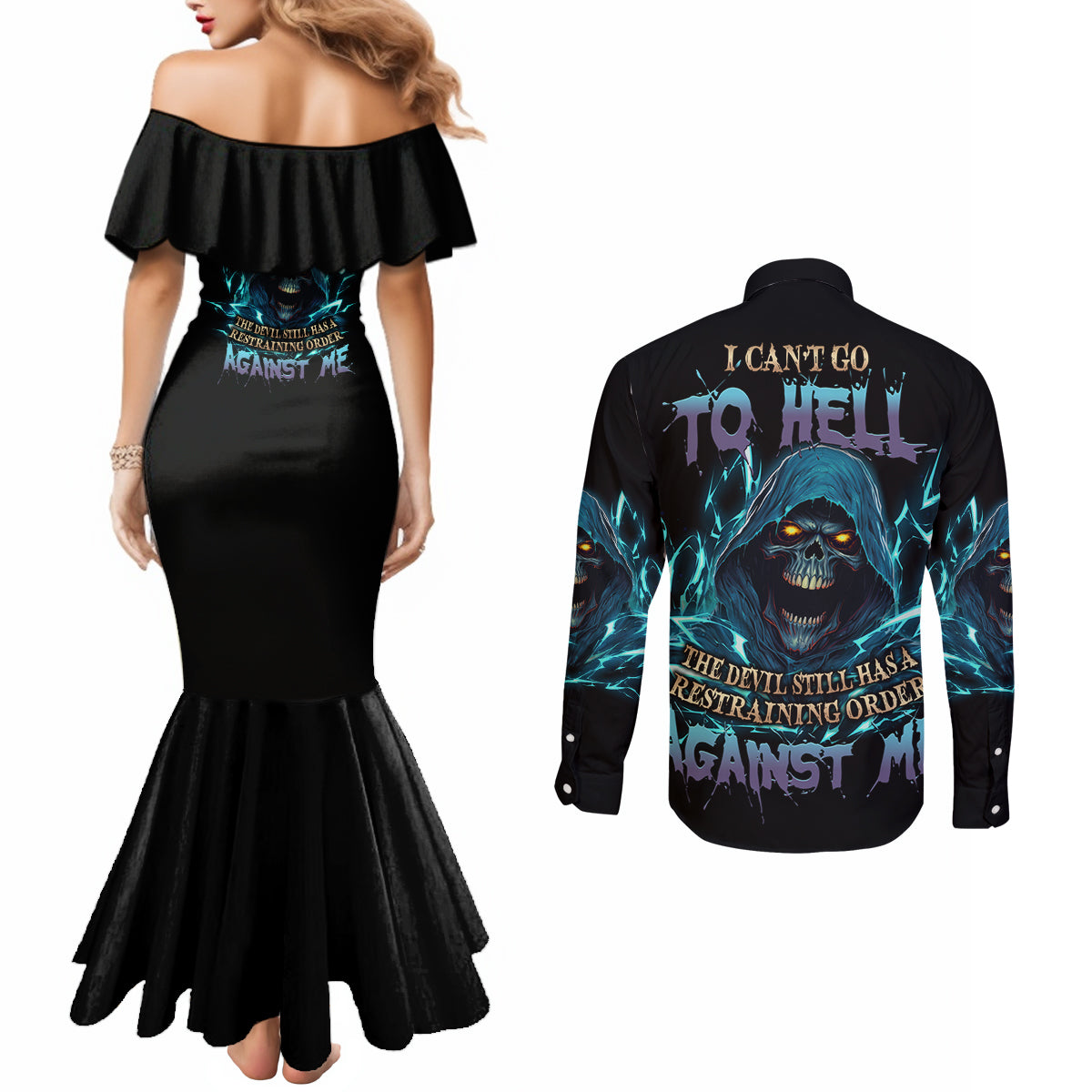 i-cant-go-to-hell-mad-reaper-skull-couples-matching-mermaid-dress-and-long-sleeve-button-shirt