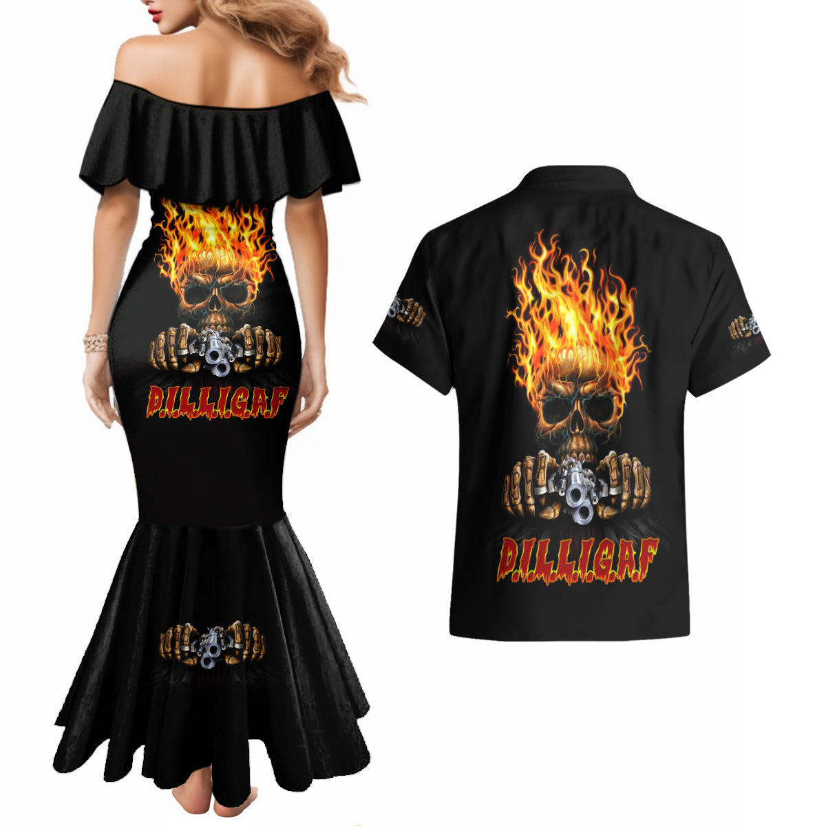 dilligaf-flame-skull-with-g-couples-matching-mermaid-dress-and-hawaiian-shirt