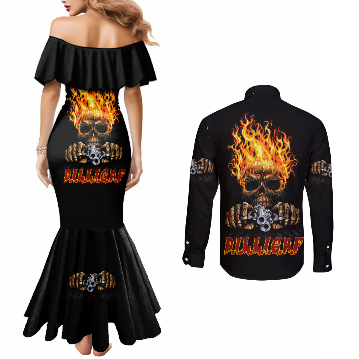 dilligaf-flame-skull-with-g-couples-matching-mermaid-dress-and-long-sleeve-button-shirt