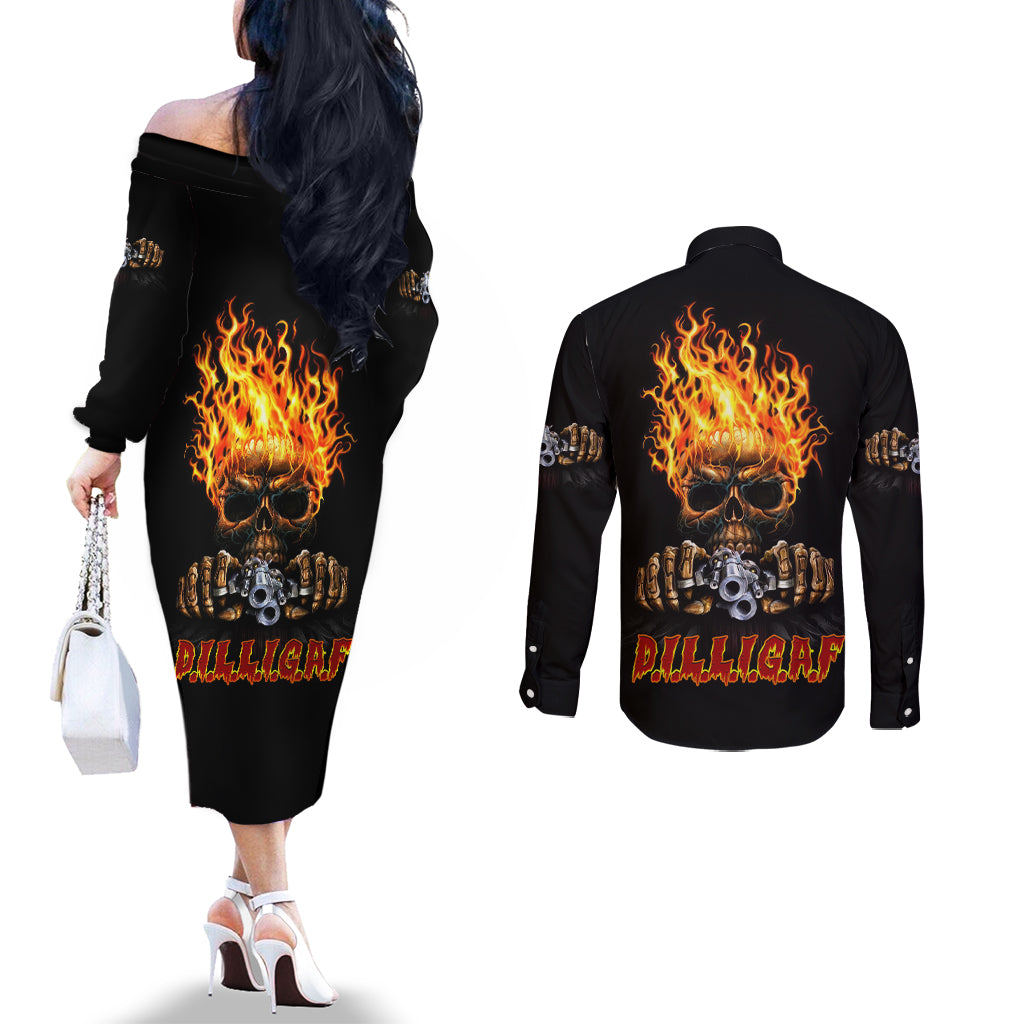 dilligaf-flame-skull-with-g-couples-matching-off-the-shoulder-long-sleeve-dress-and-long-sleeve-button-shirt