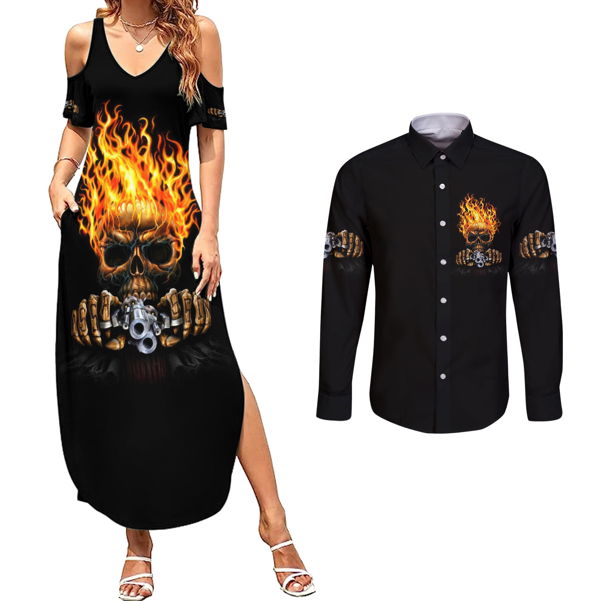 dilligaf-flame-skull-with-g-couples-matching-summer-maxi-dress-and-long-sleeve-button-shirt