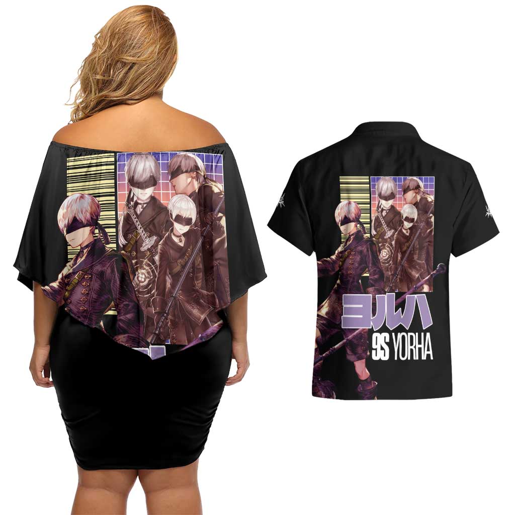 9S Nier Automata Couples Matching Off Shoulder Short Dress and Hawaiian Shirt Japan Anime Style - The Mazicc