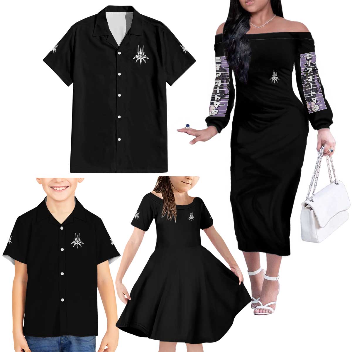 9S Nier Automata Family Matching Off The Shoulder Long Sleeve Dress and Hawaiian Shirt Japan Anime Style - The Mazicc