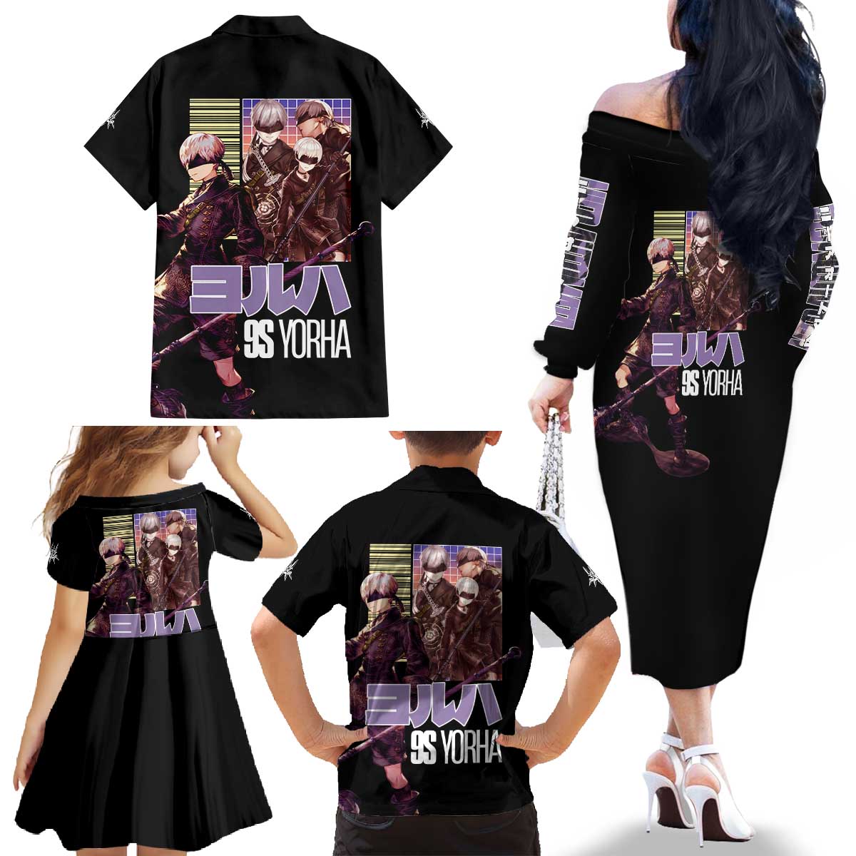 9S Nier Automata Family Matching Off The Shoulder Long Sleeve Dress and Hawaiian Shirt Japan Anime Style - The Mazicc