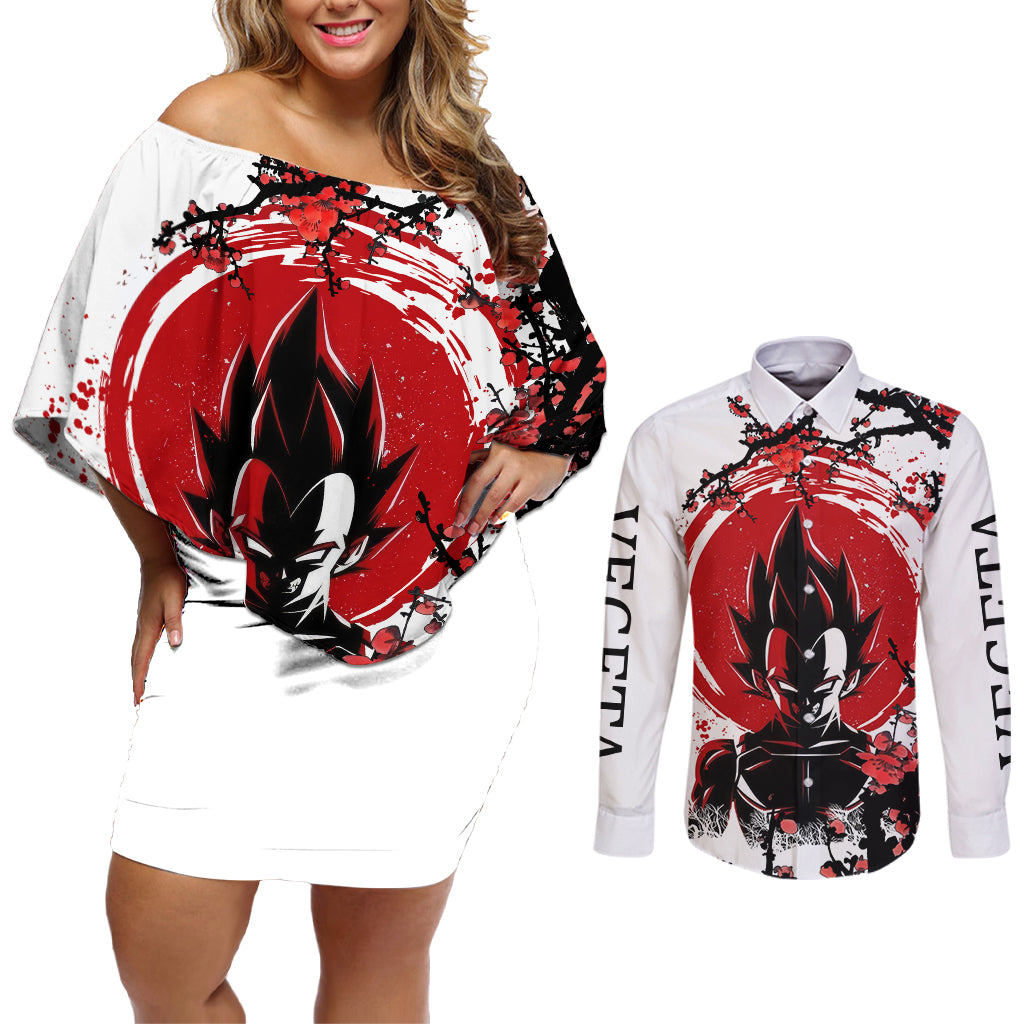 Vegeta Anime Japan Style Couples Matching Off Shoulder Short Dress and Long Sleeve Button Shirt