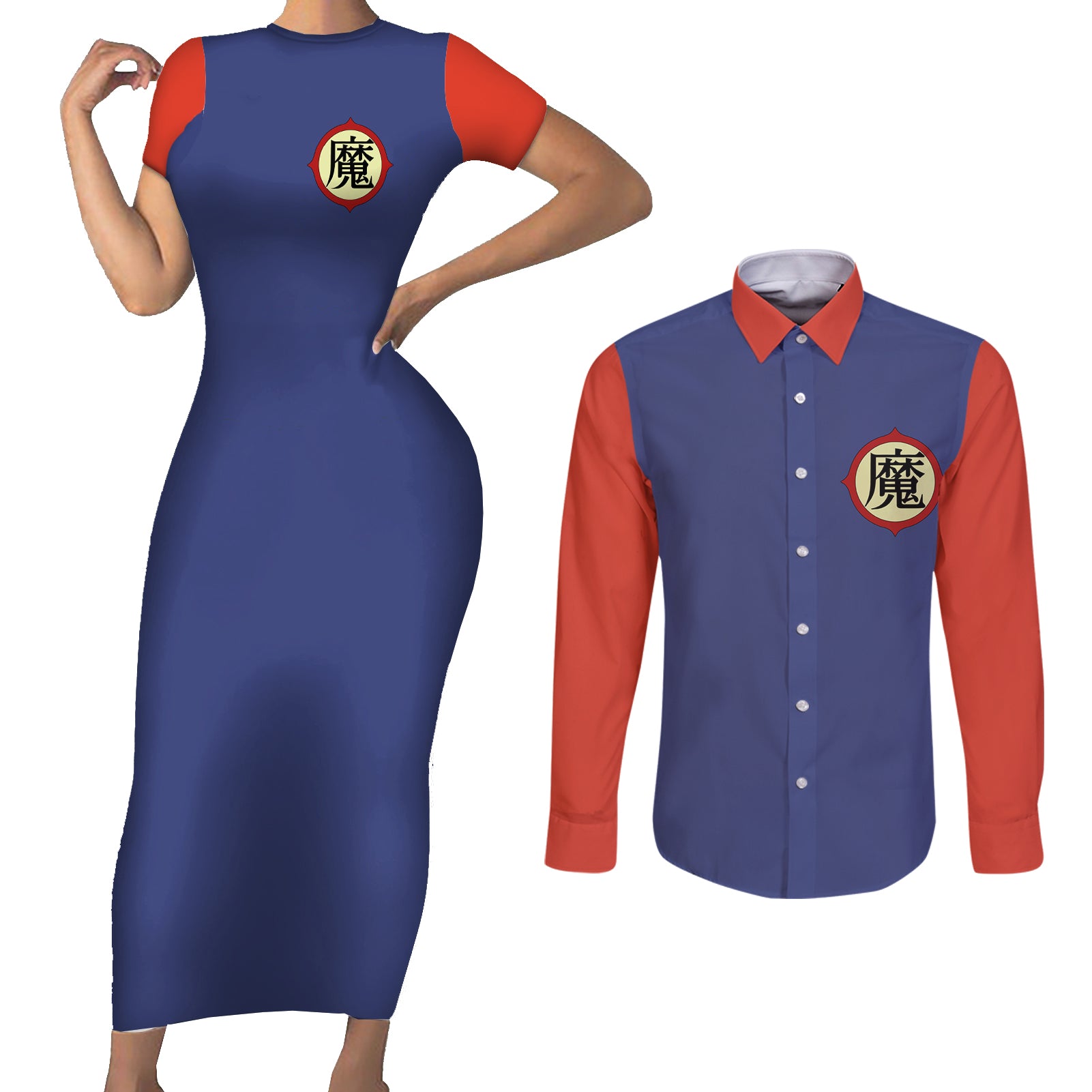 King Piccolo Couples Matching Short Sleeve Bodycon Dress and Long Sleeve Button Shirt