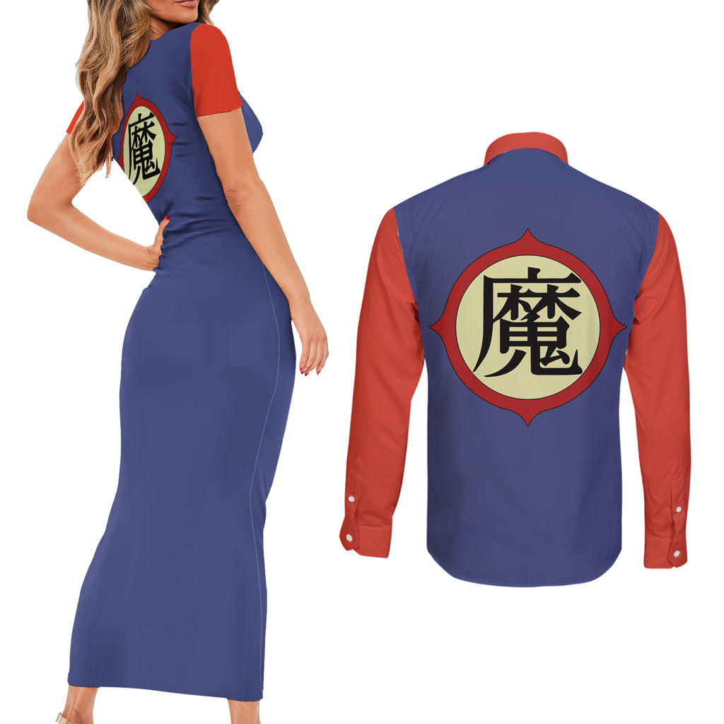 King Piccolo Couples Matching Short Sleeve Bodycon Dress and Long Sleeve Button Shirt