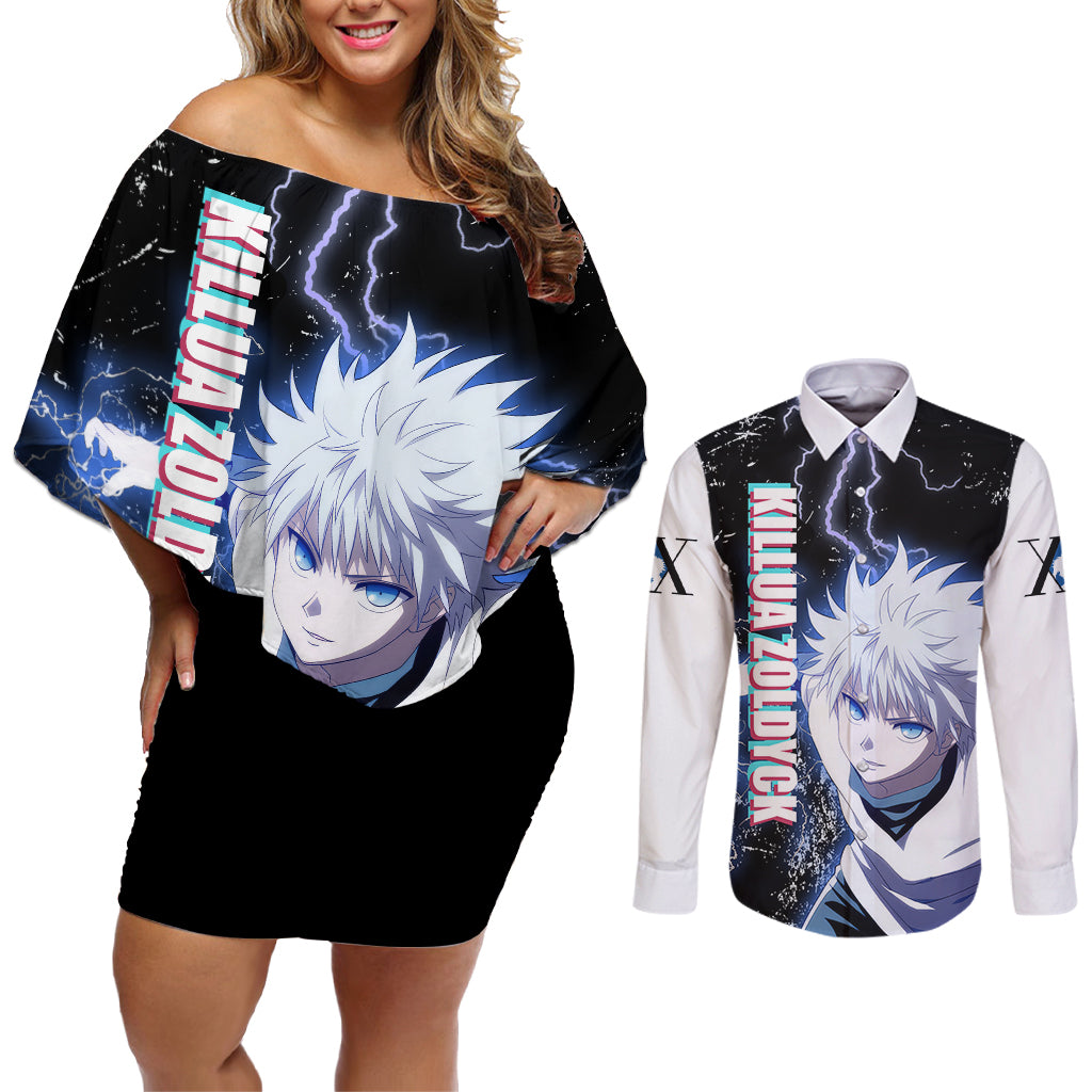 Killua Zoldyck Couples Matching Off Shoulder Short Dress and Long Sleeve Button Shirt