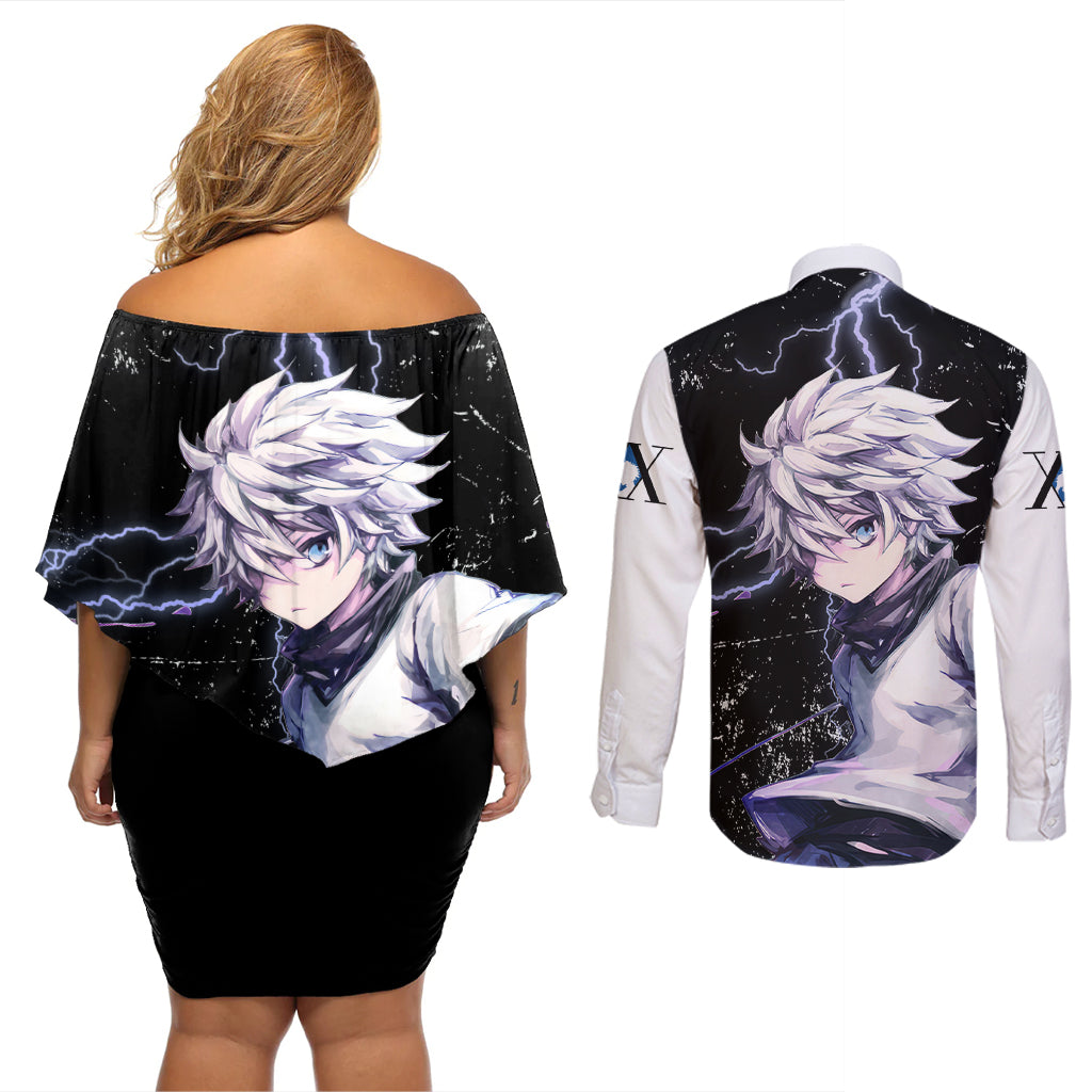 Killua Zoldyck Couples Matching Off Shoulder Short Dress and Long Sleeve Button Shirt