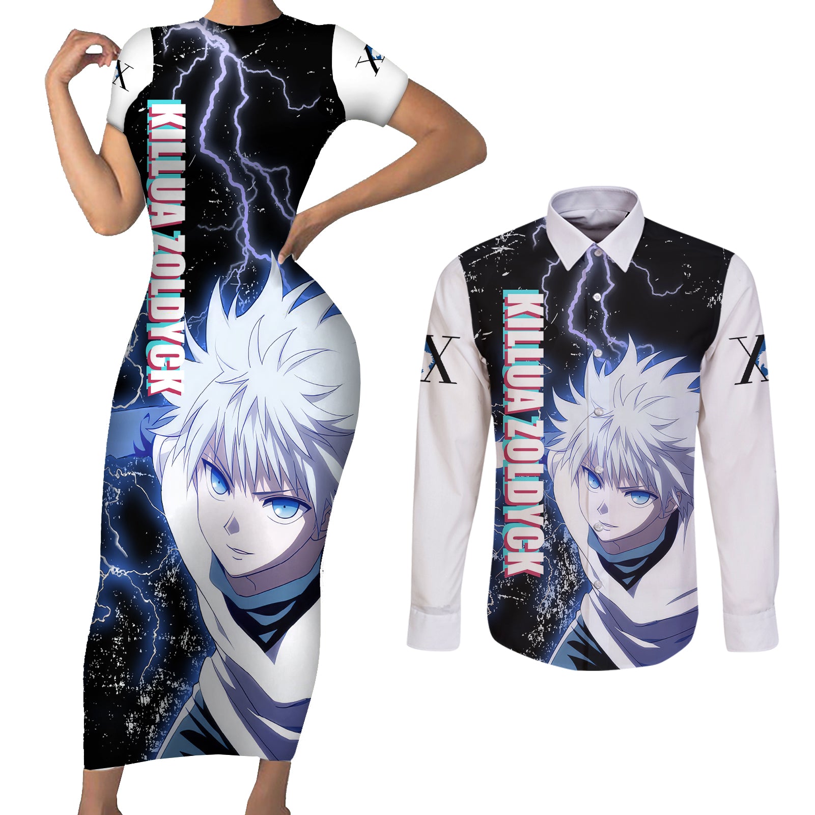 Killua Zoldyck Couples Matching Short Sleeve Bodycon Dress and Long Sleeve Button Shirt