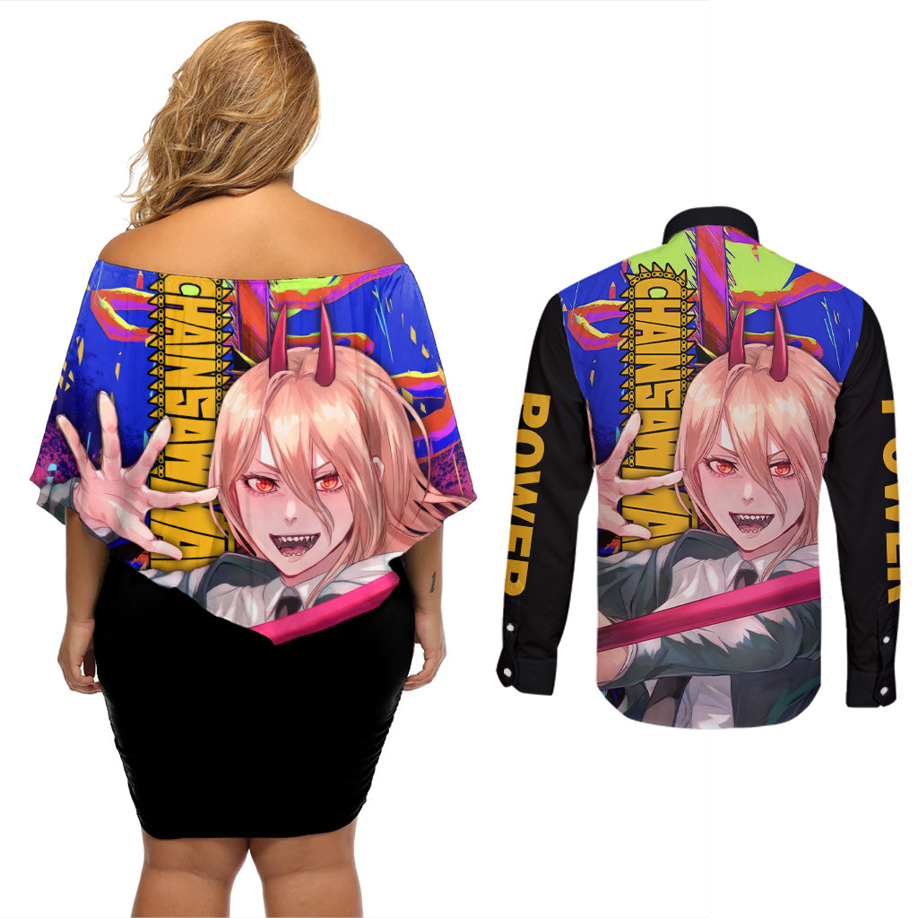 Power Chansaw Man Couples Matching Off Shoulder Short Dress and Long Sleeve Button Shirt