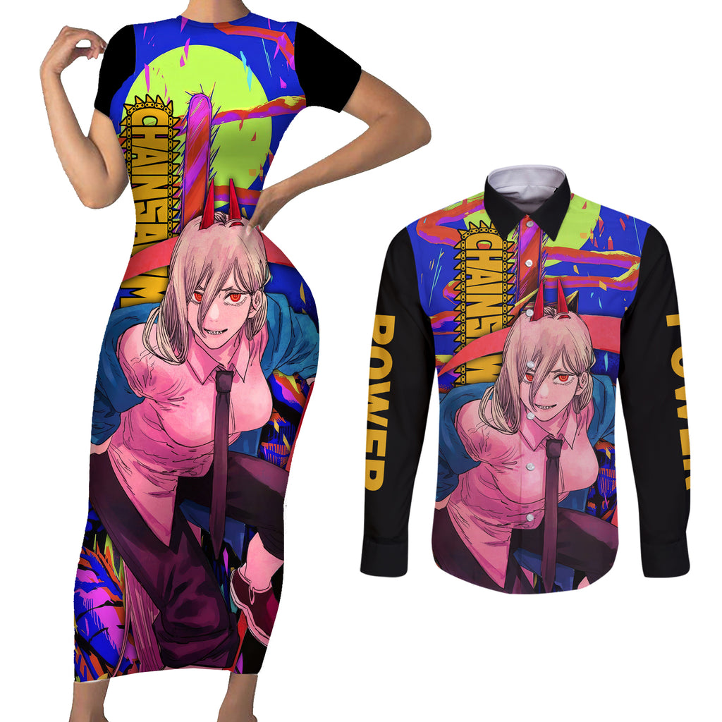Power Chansaw Man Couples Matching Short Sleeve Bodycon Dress and Long Sleeve Button Shirt