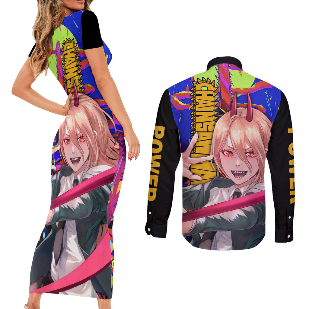 Power Chansaw Man Couples Matching Short Sleeve Bodycon Dress and Long Sleeve Button Shirt