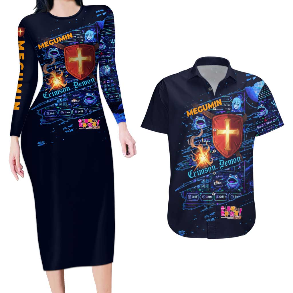 Megumin Crimson Demon Couples Matching Long Sleeve Bodycon Dress and Hawaiian Shirt Retro Anime RPG Interface Style