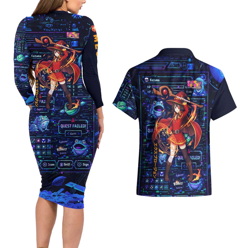 Megumin Crimson Demon Couples Matching Long Sleeve Bodycon Dress and Hawaiian Shirt Retro Anime RPG Interface Style