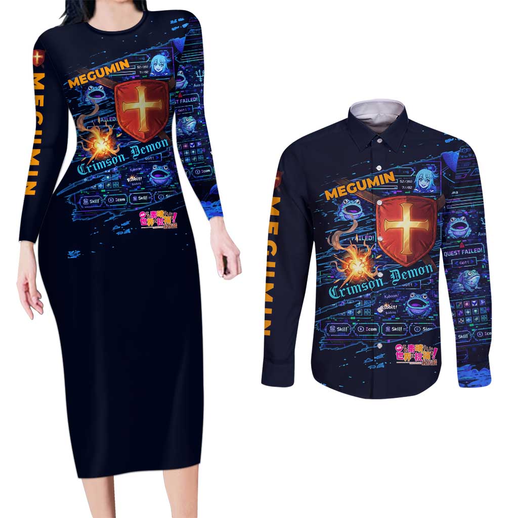 Megumin Crimson Demon Couples Matching Long Sleeve Bodycon Dress and Long Sleeve Button Shirt Retro Anime RPG Interface Style