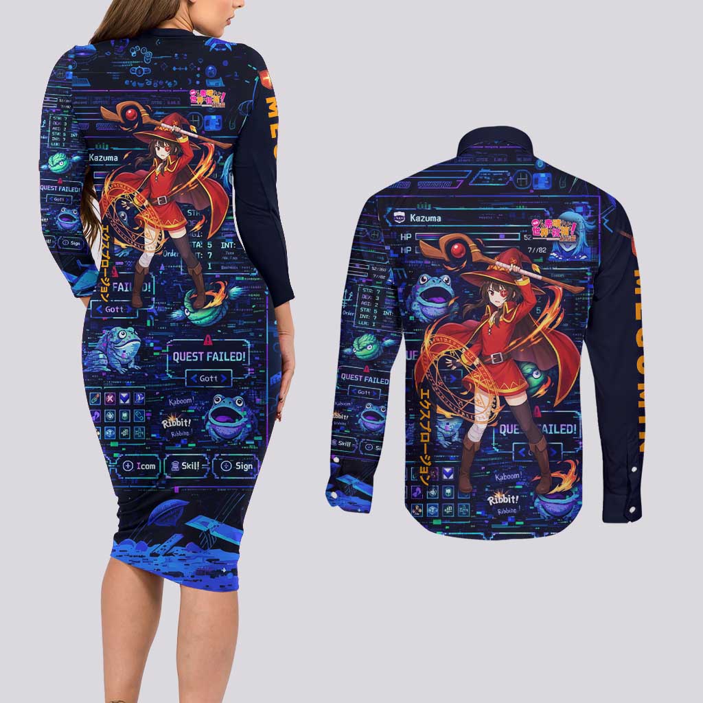 Megumin Crimson Demon Couples Matching Long Sleeve Bodycon Dress and Long Sleeve Button Shirt Retro Anime RPG Interface Style