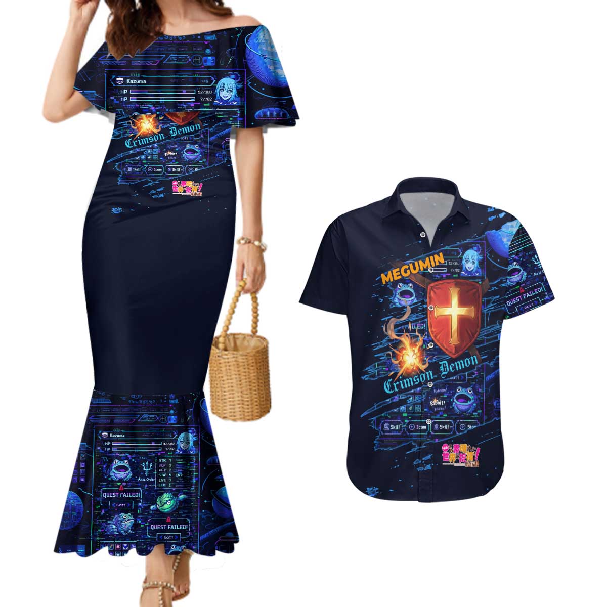 Megumin Crimson Demon Couples Matching Mermaid Dress and Hawaiian Shirt Retro Anime RPG Interface Style