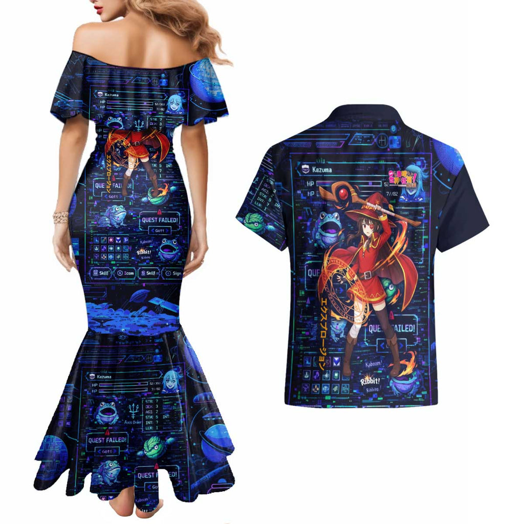 Megumin Crimson Demon Couples Matching Mermaid Dress and Hawaiian Shirt Retro Anime RPG Interface Style