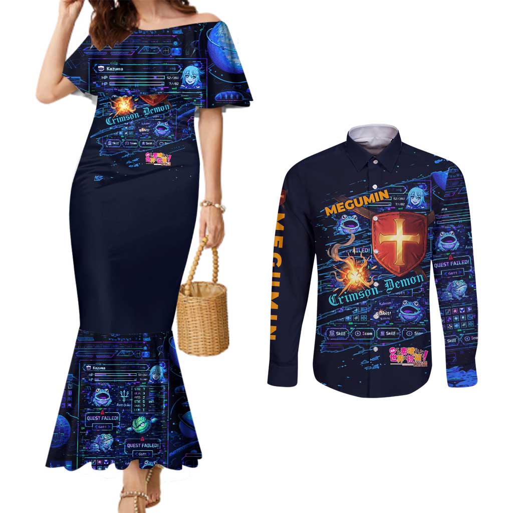 Megumin Crimson Demon Couples Matching Mermaid Dress and Long Sleeve Button Shirt Retro Anime RPG Interface Style