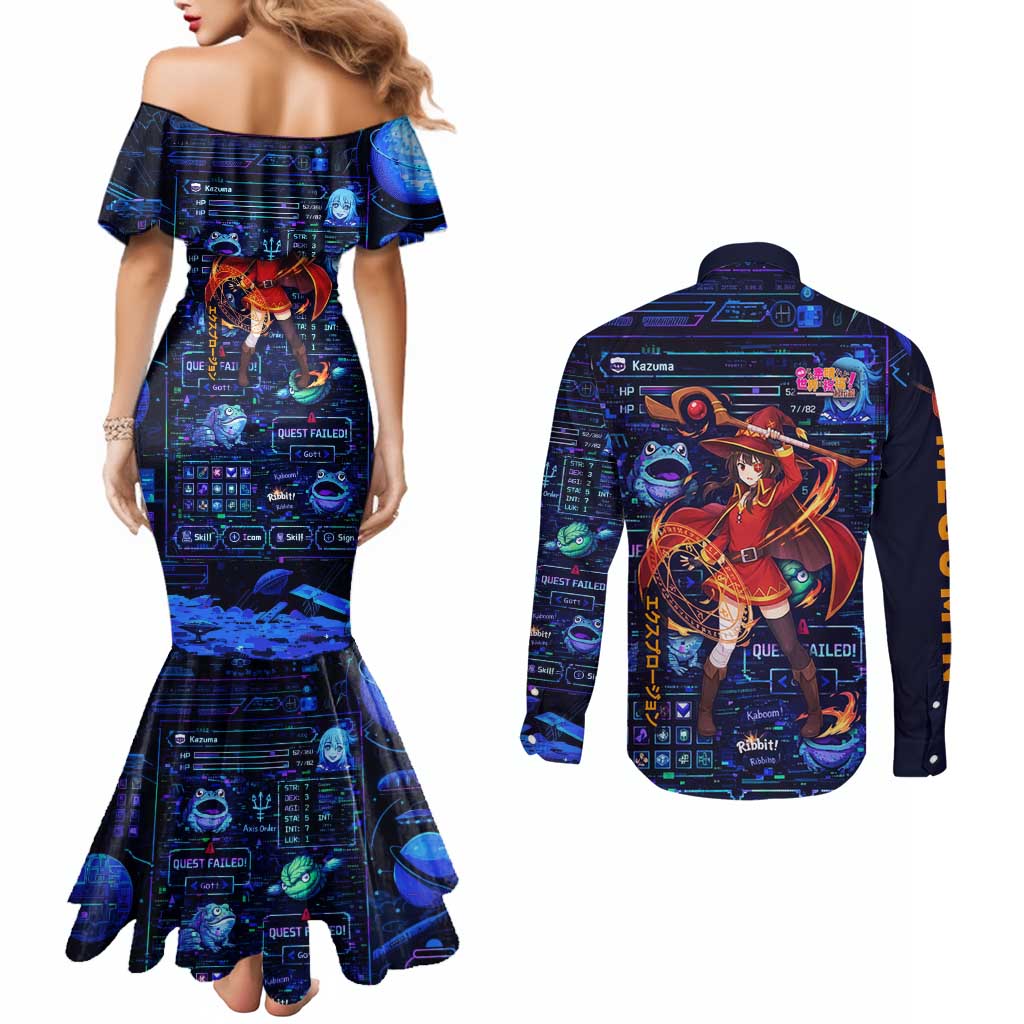 Megumin Crimson Demon Couples Matching Mermaid Dress and Long Sleeve Button Shirt Retro Anime RPG Interface Style