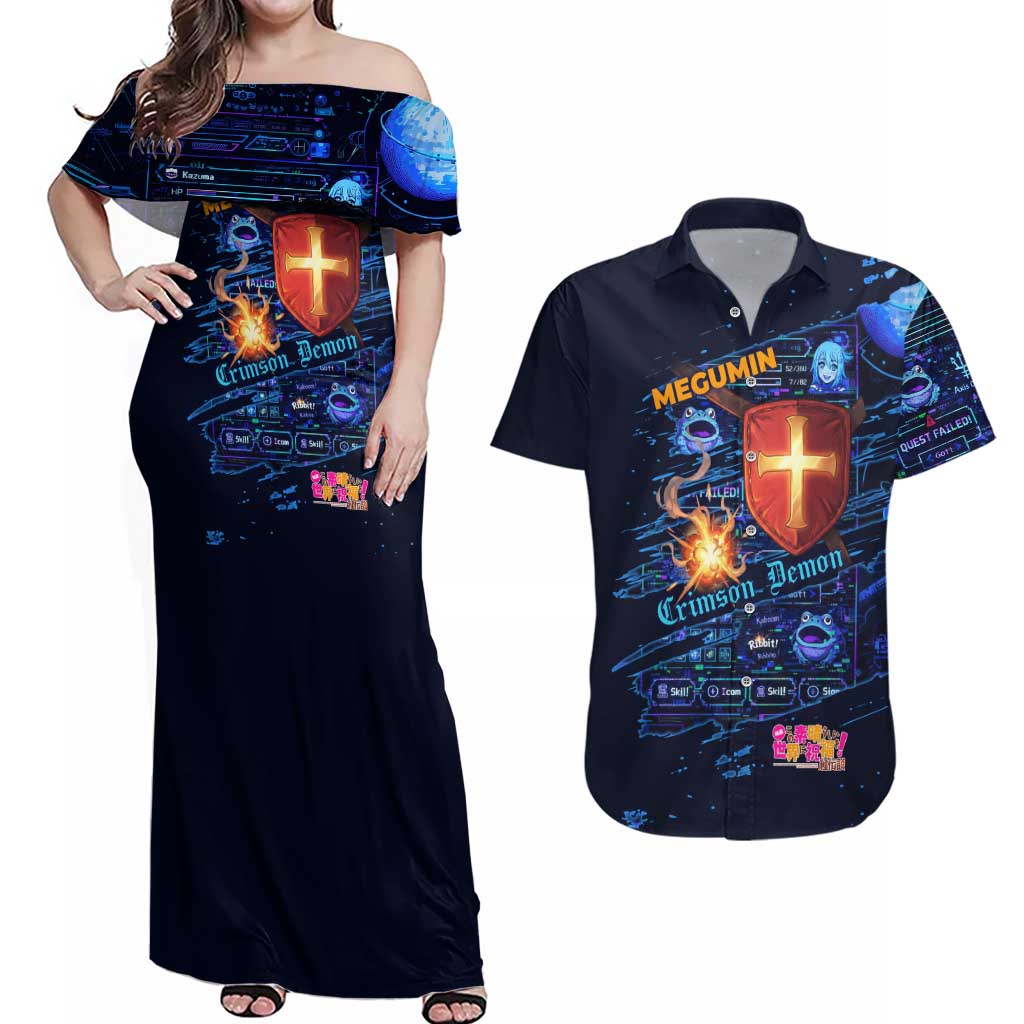 Megumin Crimson Demon Couples Matching Off Shoulder Maxi Dress and Hawaiian Shirt Retro Anime RPG Interface Style