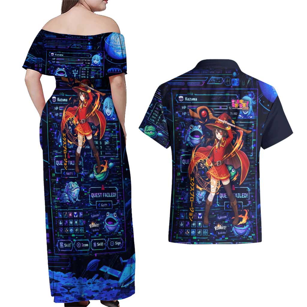 Megumin Crimson Demon Couples Matching Off Shoulder Maxi Dress and Hawaiian Shirt Retro Anime RPG Interface Style